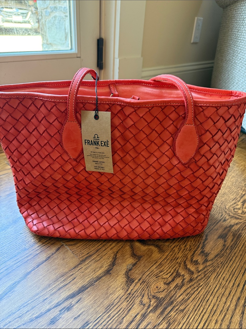 NWT Frank Exe Woven Orange Leather Tote Bag with Double Handles with inside bag - Picture 2 of 7